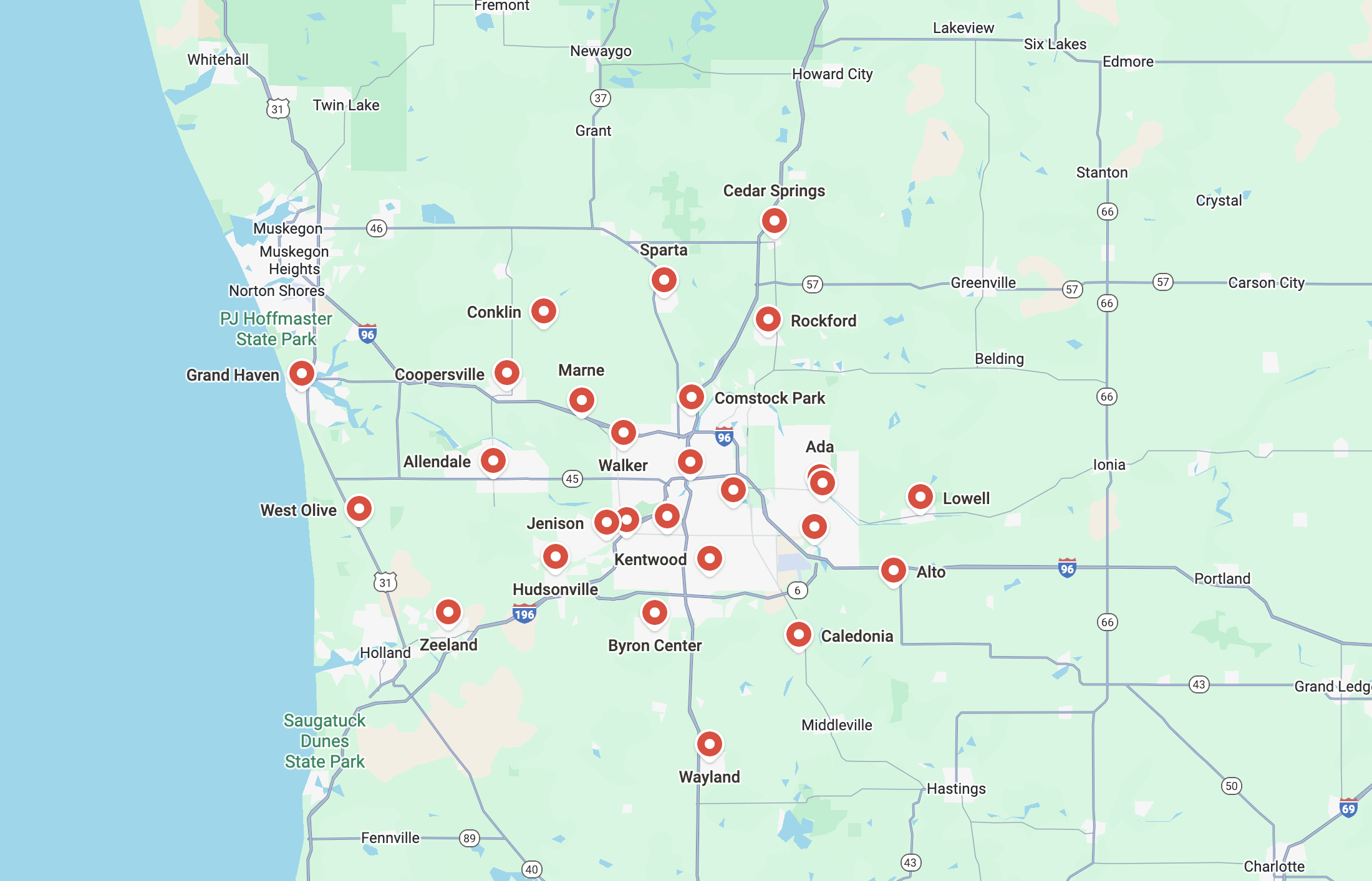 Service area map covering Grand Rapids and surrounding communities